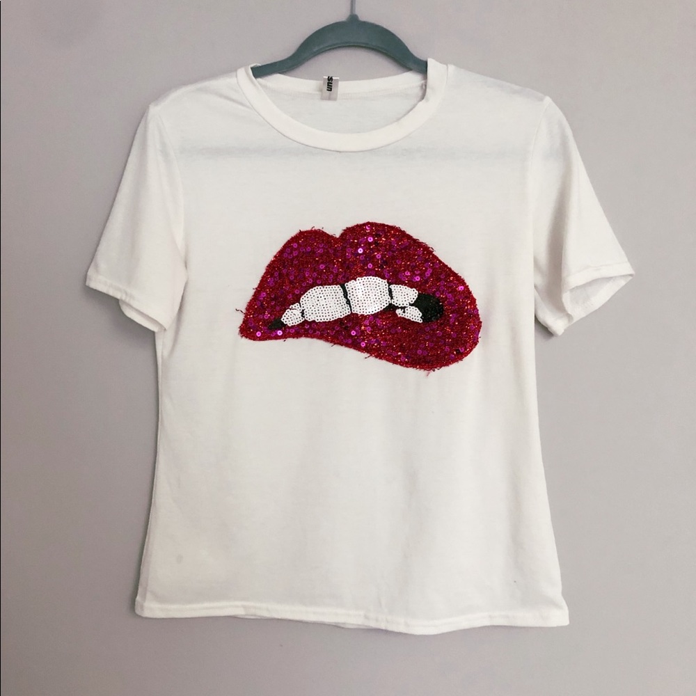 White T-shirt with Sequin Lip Embroidery